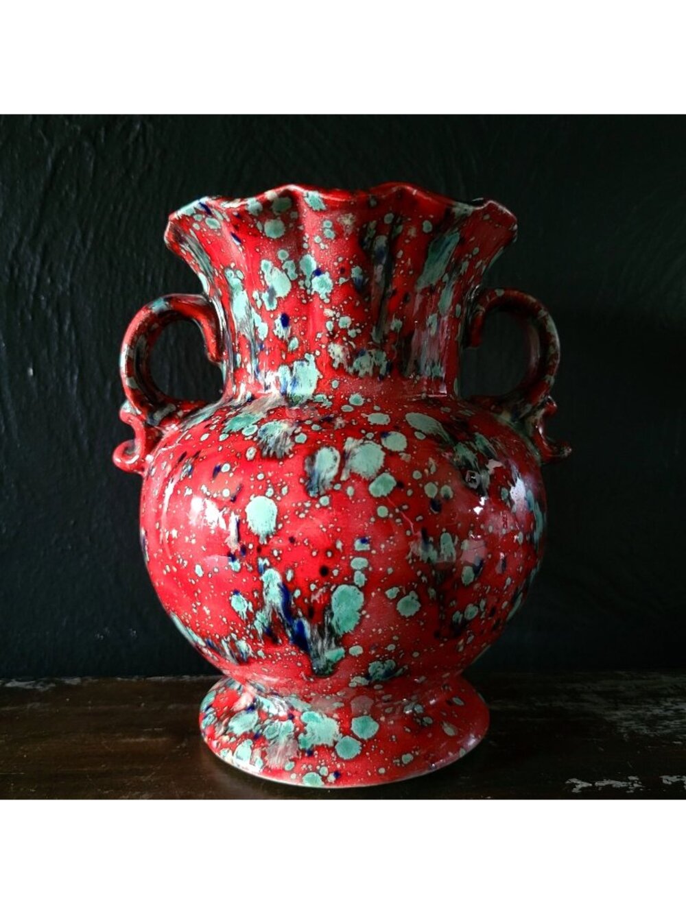 Vintage MCM Retro Drip Glaze Pottery Red Teal Vase
